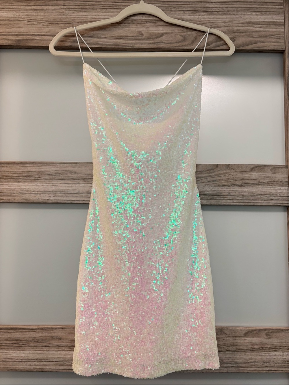 B Darlin Iridescent Sequin Mini Dress - White/Pink/Green Shimmer